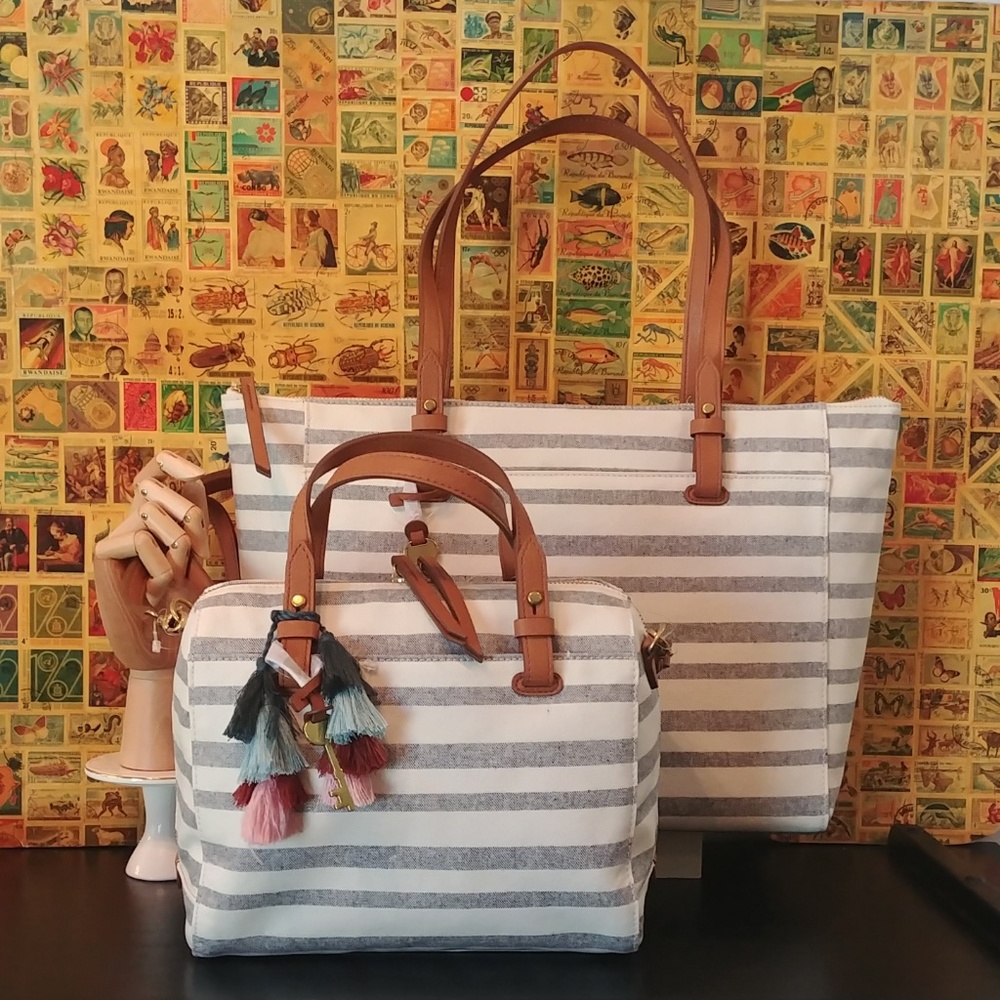 NEW! Fossil Rachel Satchel Blue Stripe Crossbody - Picture 5 of 7
